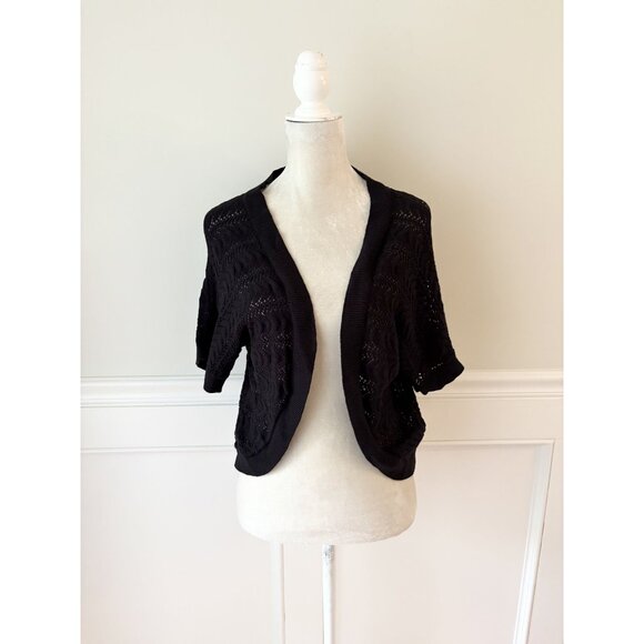 Jaclyn Smith L Black Open Weave Sweater Shrug Lightweight Knit - Picture 1 of 4